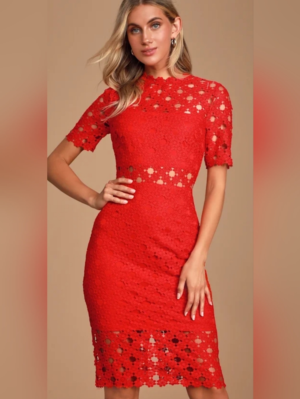 Lulus Heartfelt Red Lace Midi Dress features sheer cutout crochet lace NWOT ❤️